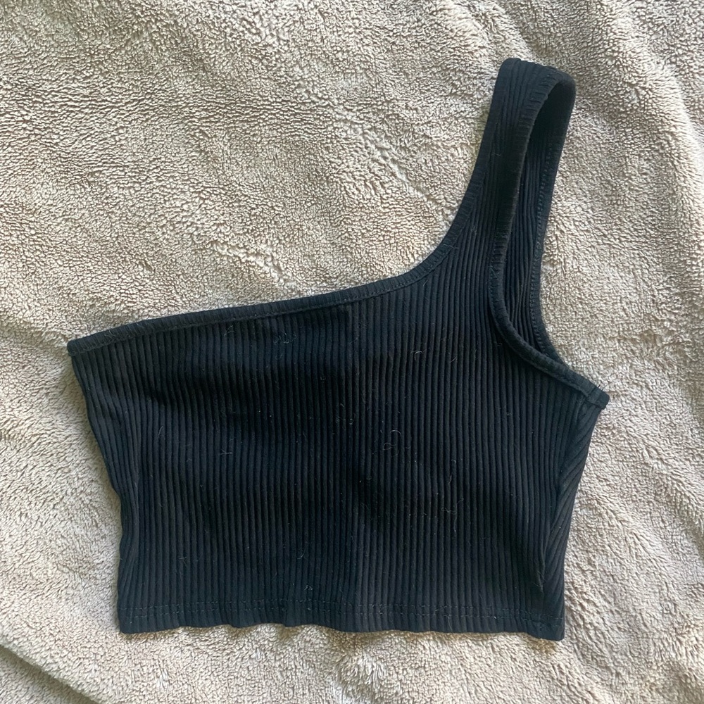 SHEIN Black Ribbed One Should Crop Top